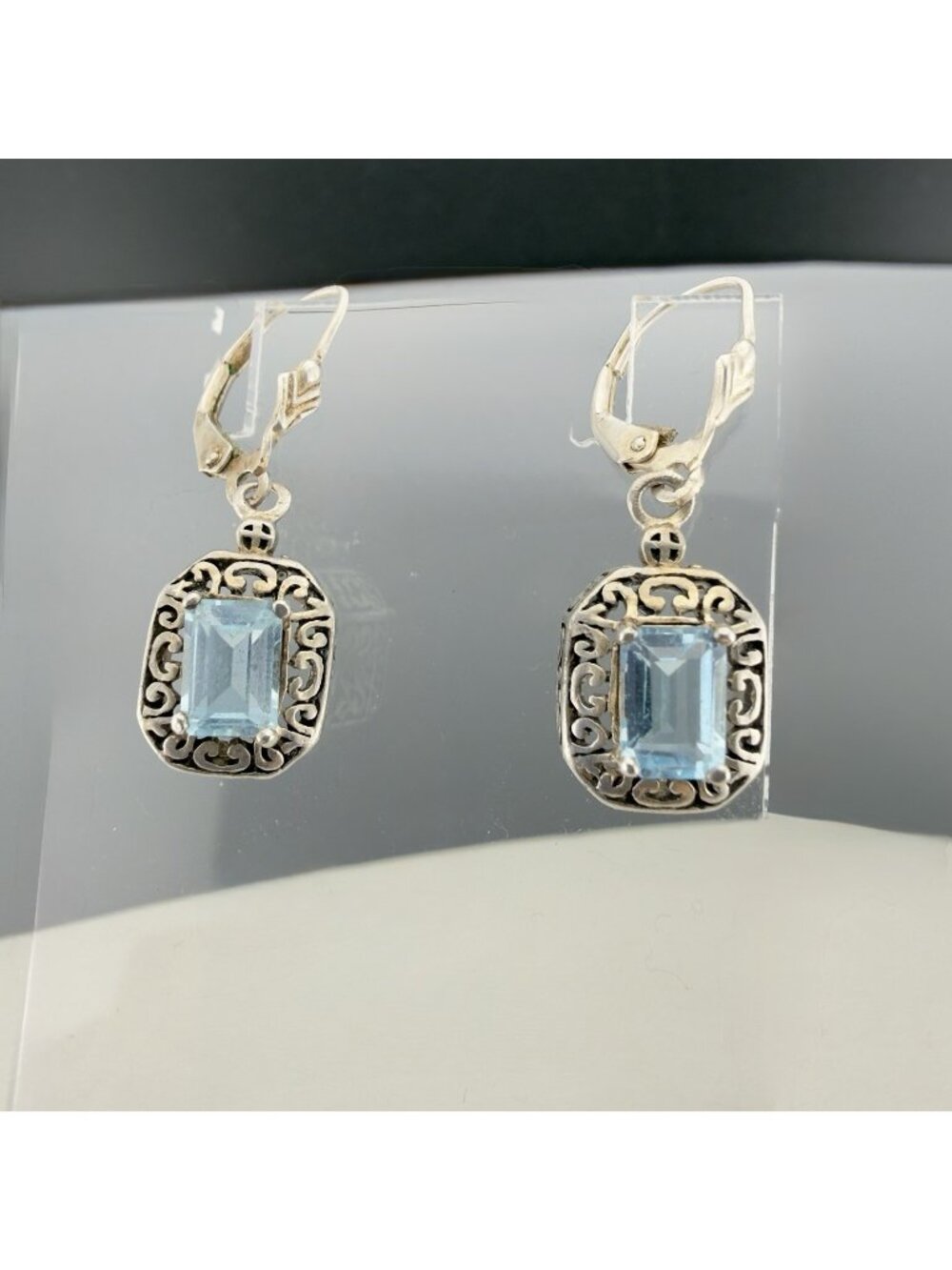 Sterling Silver 925 Swiss Blue Topaz Filagree Style Dangle Earrings Leverback